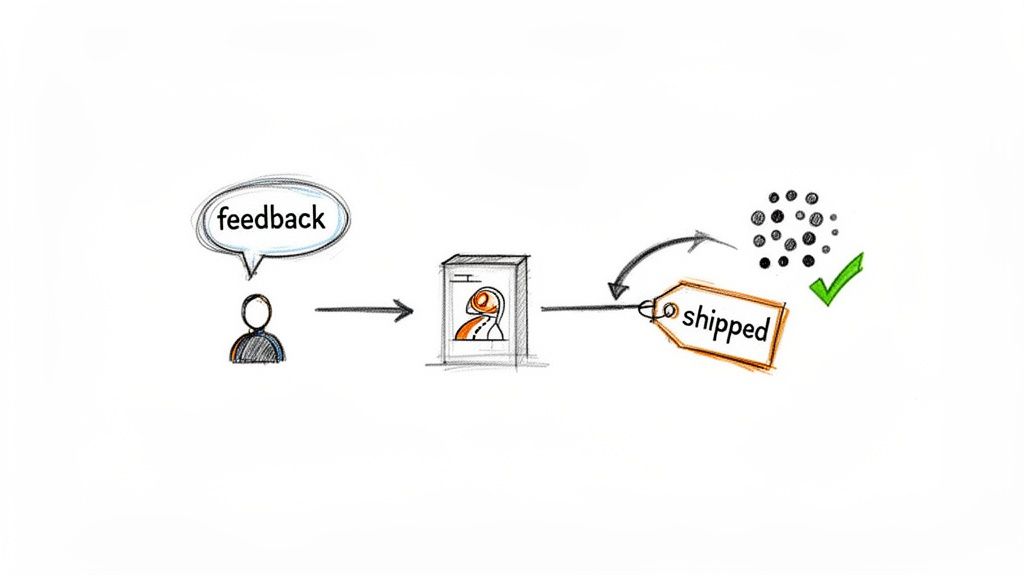 Diagram showing a person giving feedback, leading to product iteration, shipping, and a successful outcome.