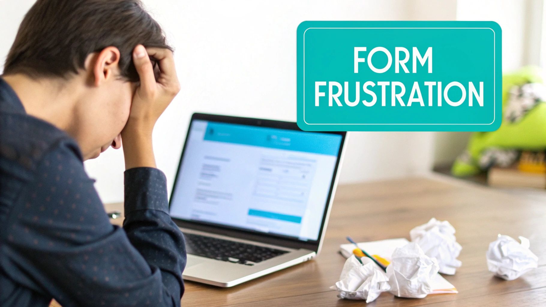 A frustrated person looking at a form on a laptop, surrounded by crumpled papers.