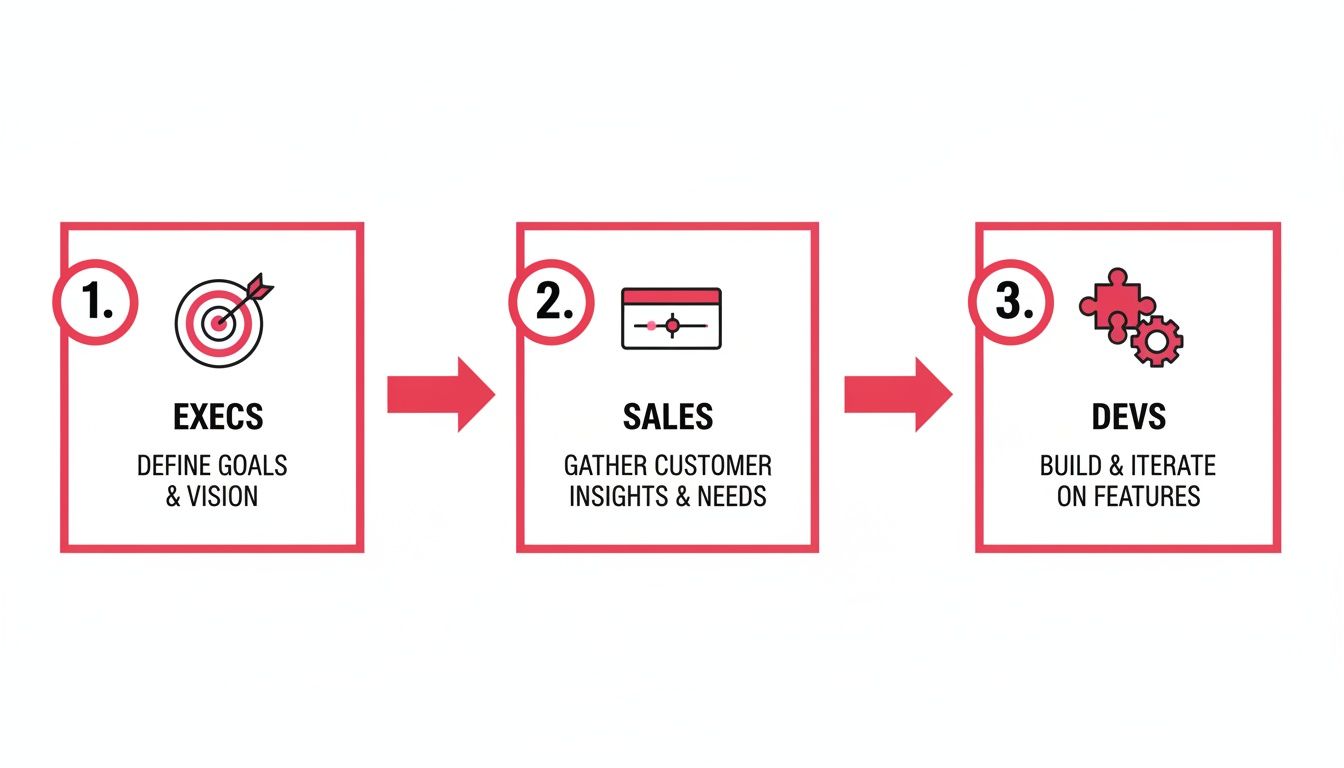 Three-step product development process showing roles: Execs define goals, Sales gather insights, Devs build features.