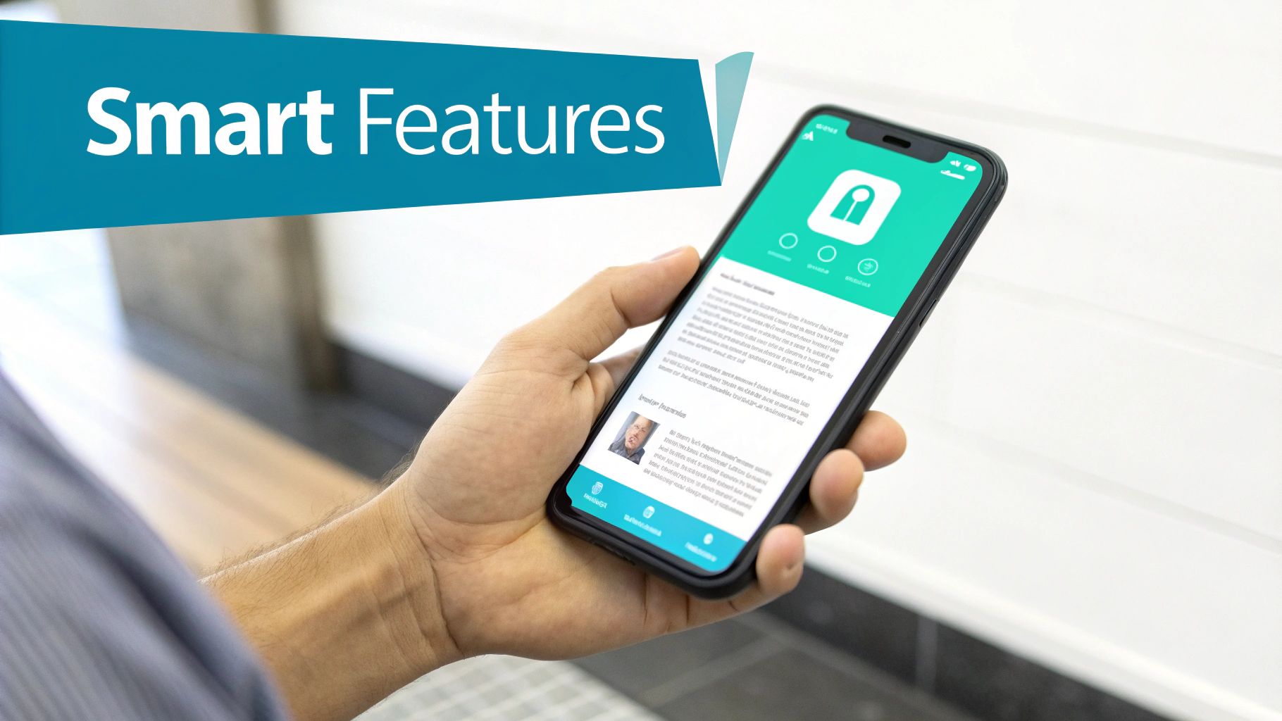 A hand holds a smartphone displaying an app with a green interface and an icon, showcasing smart features.