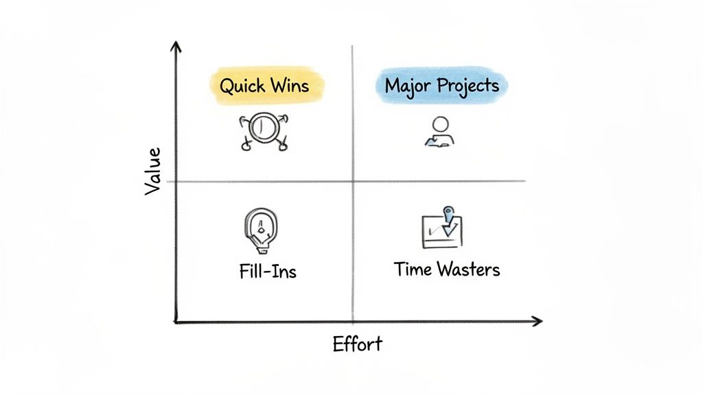 A 2x2 prioritization matrix categorizing tasks by value and effort into Quick Wins, Major Projects, Fill-Ins, and Time Wasters.