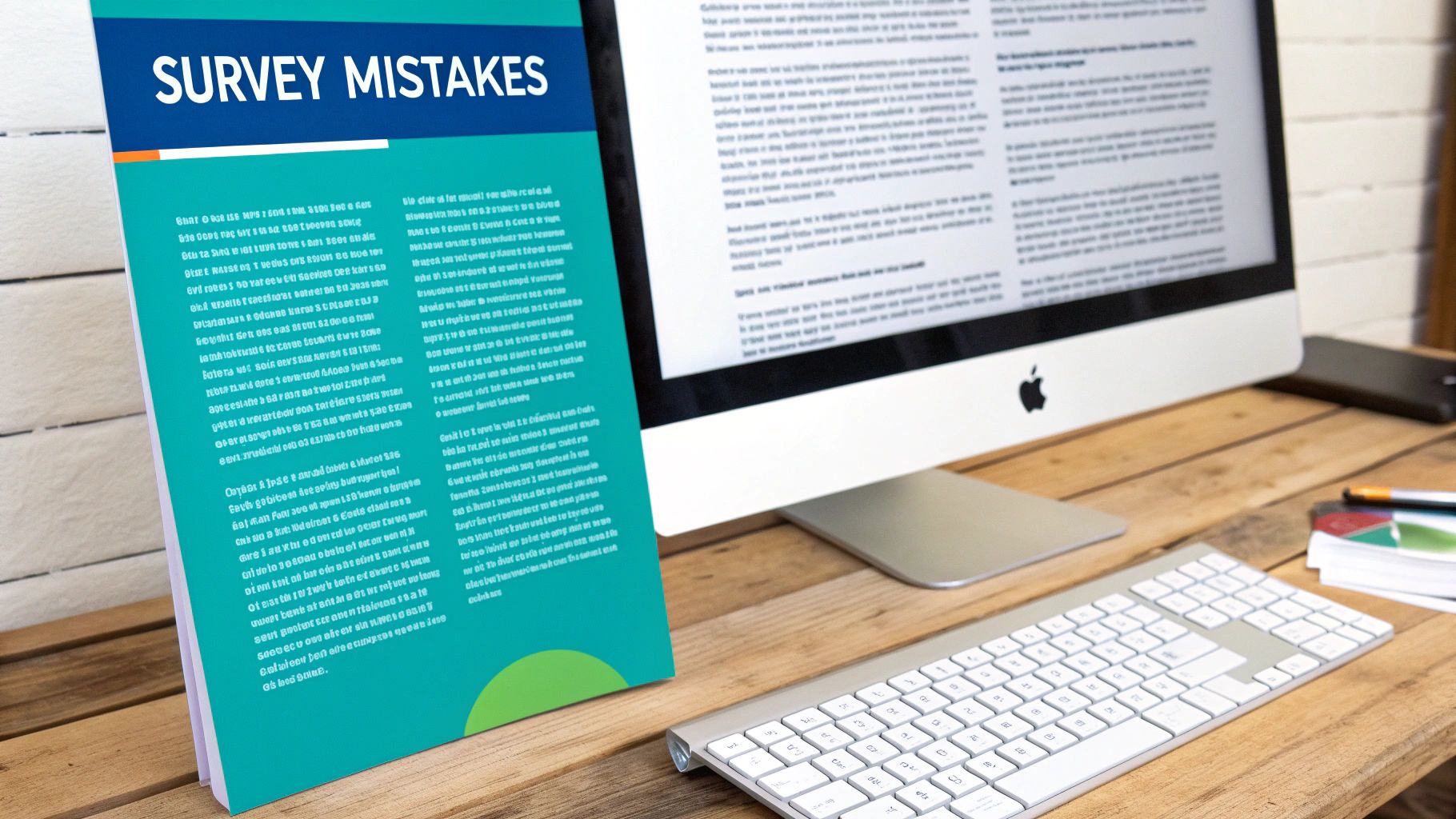 A document titled 'SURVEY MISTAKES' rests on a wooden desk beside an iMac and keyboard.