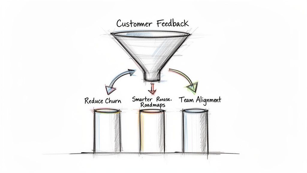A diagram showing customer feedback being funneled into three outcomes: reduced churn, smarter roadmaps, and team alignment.