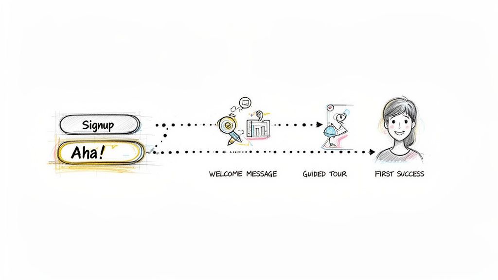 User journey diagram showing steps from signup and 'aha!' moment to first success with welcome message and tour.