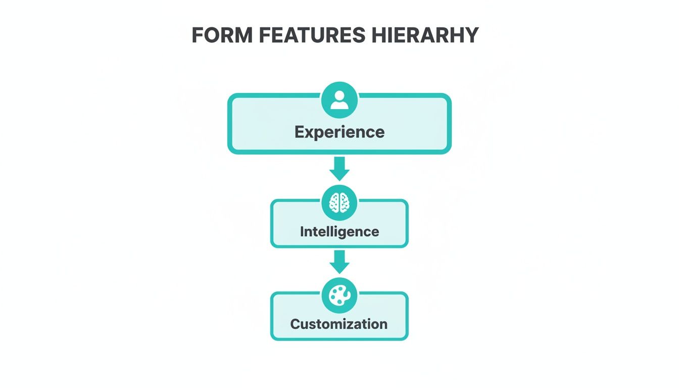 A form features hierarchy chart showing Experience, Intelligence, and Customization with downward arrows.