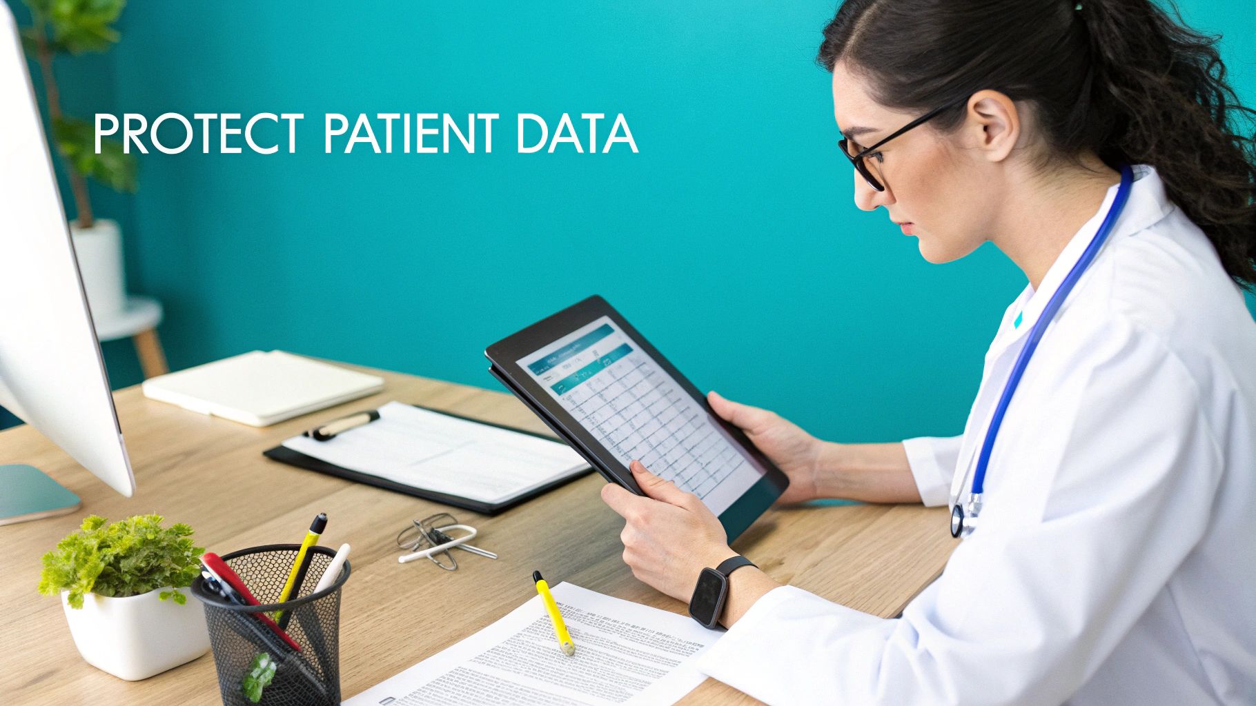 A female doctor in a white coat views patient data on a tablet at her desk, promoting data protection.