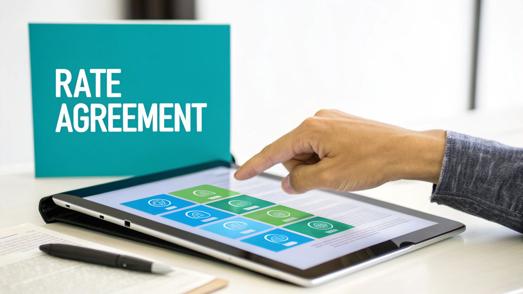 A hand interacts with a tablet showing icons, next to a sign with 'RATE AGREEMENT'.