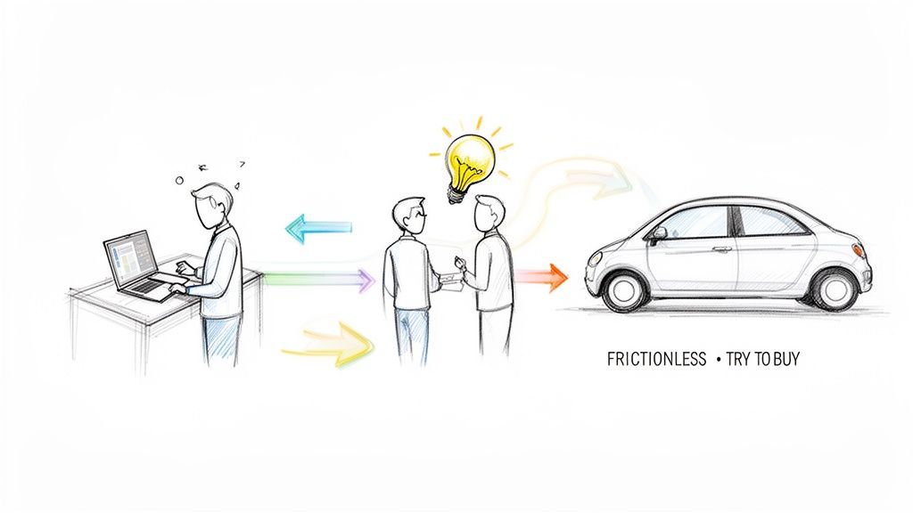 Hand-drawn diagram of product growth process: person on laptop, people with idea, and a car with 'frictionless try to buy'.