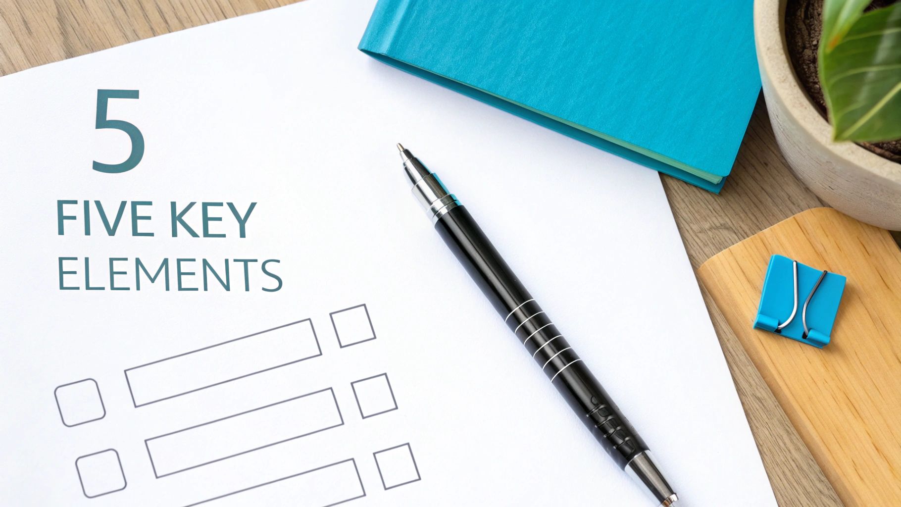 A white paper with "5 FIVE KEY ELEMENTS" and a checklist, accompanied by a pen and a blue notebook.