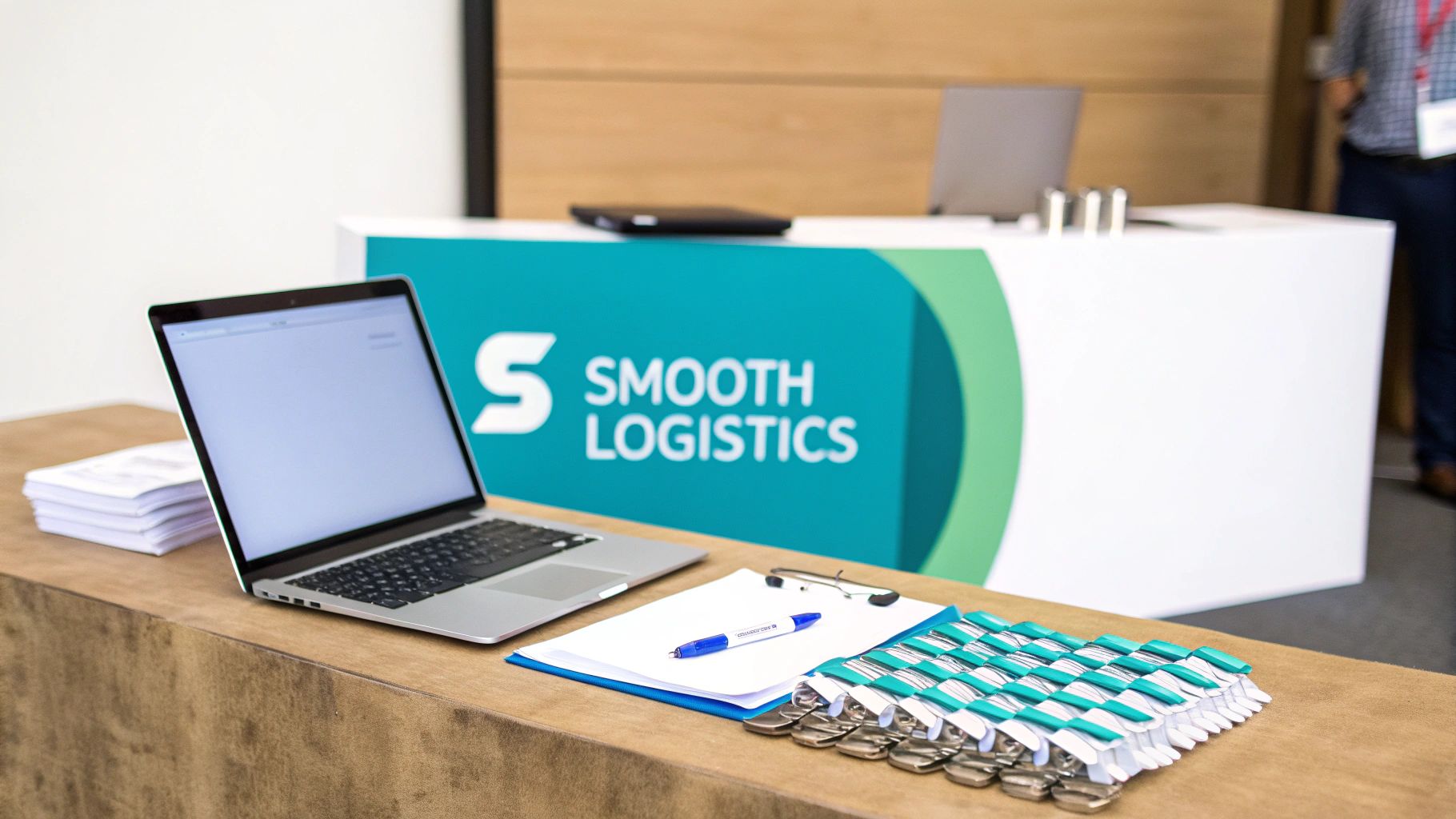 A registration desk for Smooth Logistics event with a laptop, papers, clipboard, and name tags.