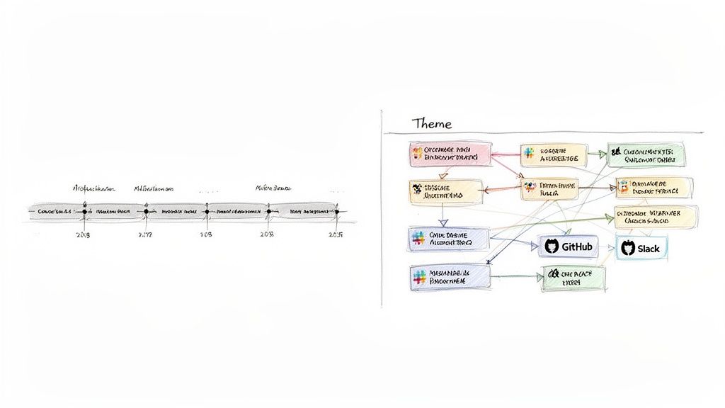 Hand-drawn product development roadmap with a timeline and a system architecture diagram featuring GitHub and Slack.