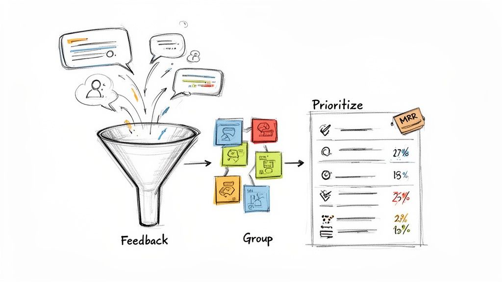 A visual illustrating the process of gathering feedback, grouping insights, and prioritizing features for product release.