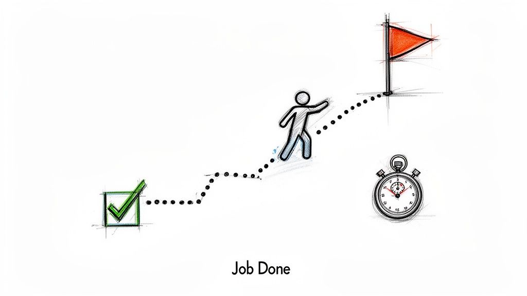 Sketch of a stick figure progressing from a checkmark to a red flag, signifying a completed job.