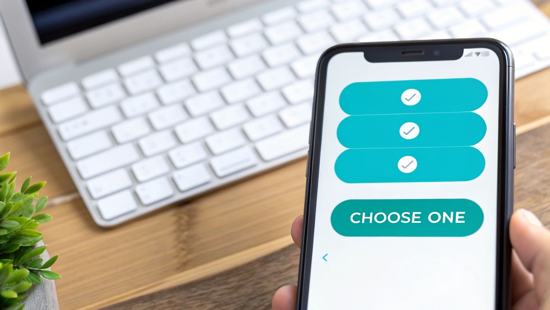 A hand holds a smartphone displaying multiple selected options with checkmarks and a 'CHOOSE ONE' button.