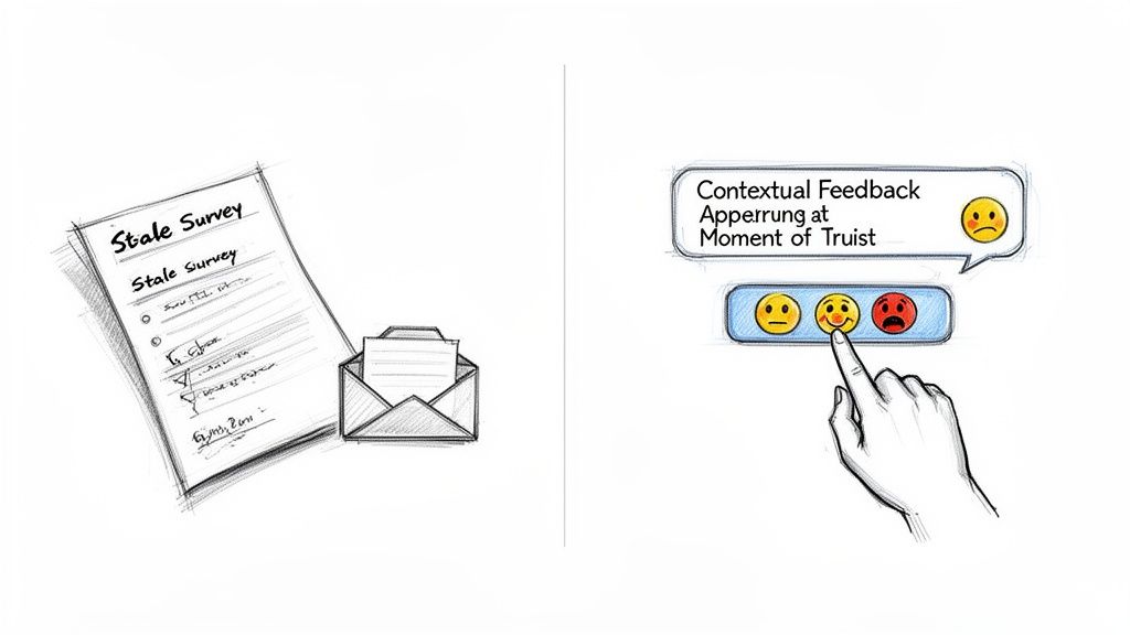 Illustration comparing a traditional paper survey in an envelope with modern, contextual emoji feedback on a screen.