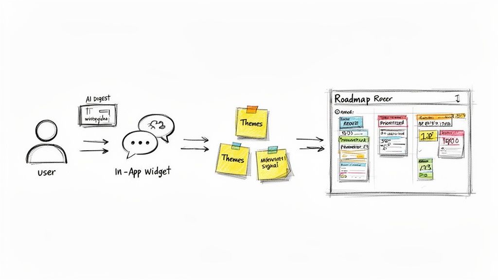 A diagram illustrating a product feedback loop, from user interaction to a prioritized roadmap.