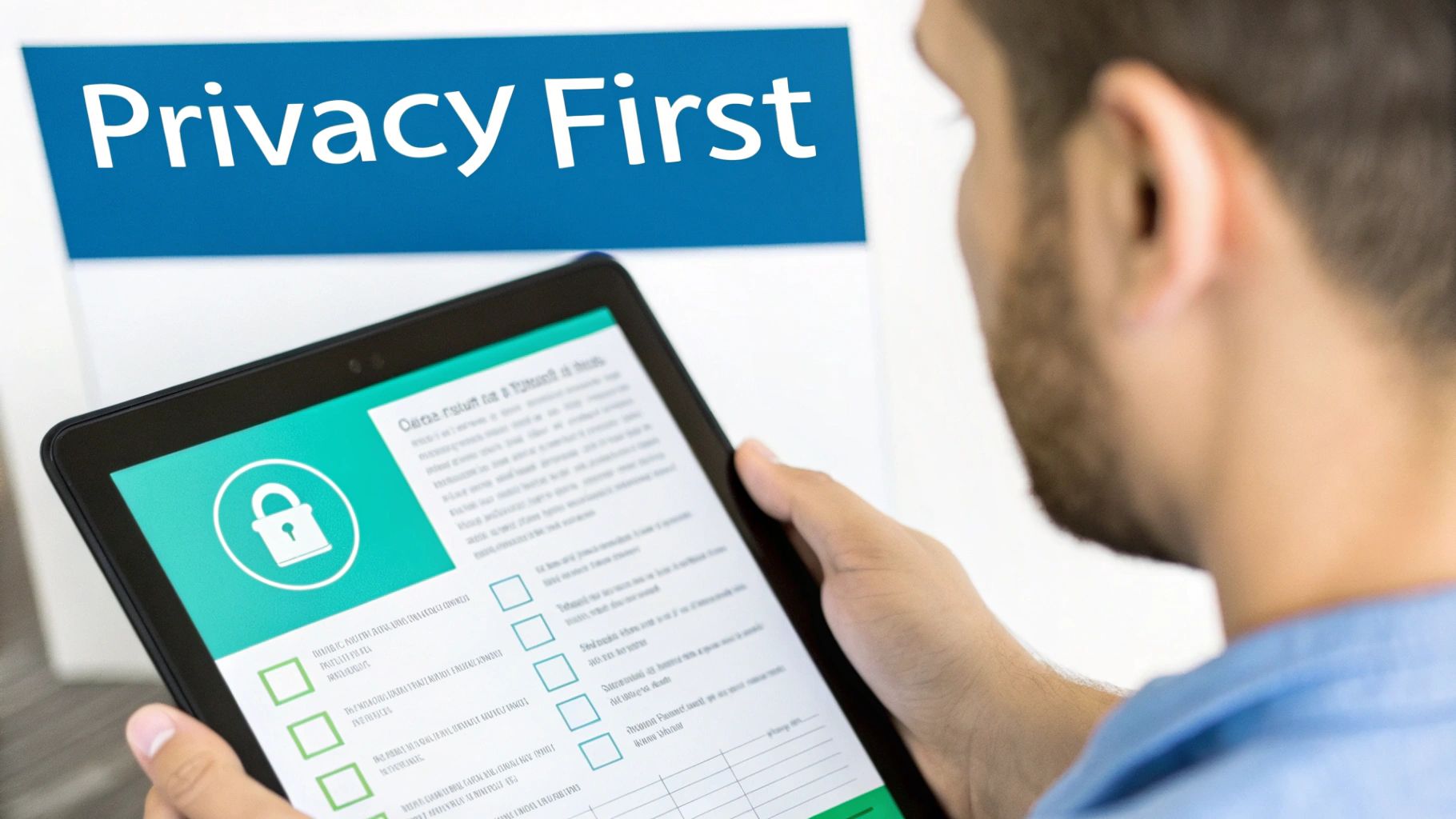 A person holds a tablet showing a privacy form with a lock icon, and a 'Privacy First' sign.