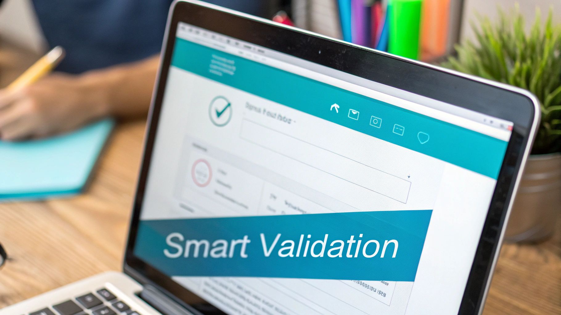 Close-up of a laptop screen displaying a 'Smart Validation' web form with a checkmark.