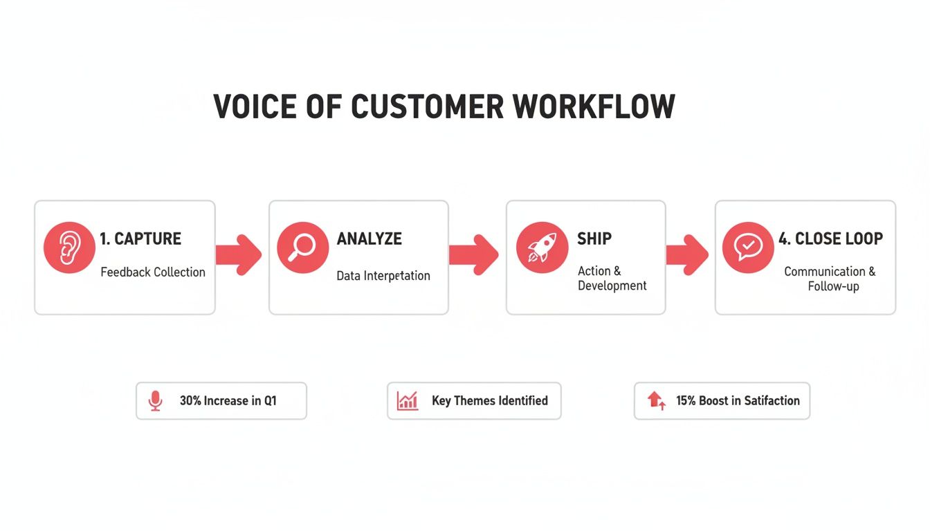 A Voice of Customer workflow diagram showing four stages: Capture, Analyze, Ship, and Close Loop, with performance indicators.