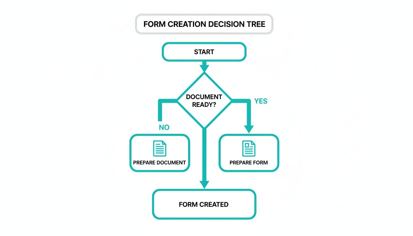 Flowchart illustrating a form creation decision tree, guiding users through preparing documents or forms.