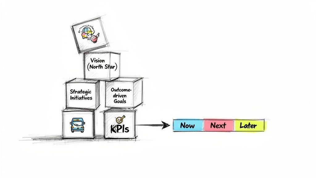 Diagram illustrating Vision, Strategic Initiatives, Goals, and KPIs stacked, pointing to a 'Now, Next, Later' product roadmap timeline.