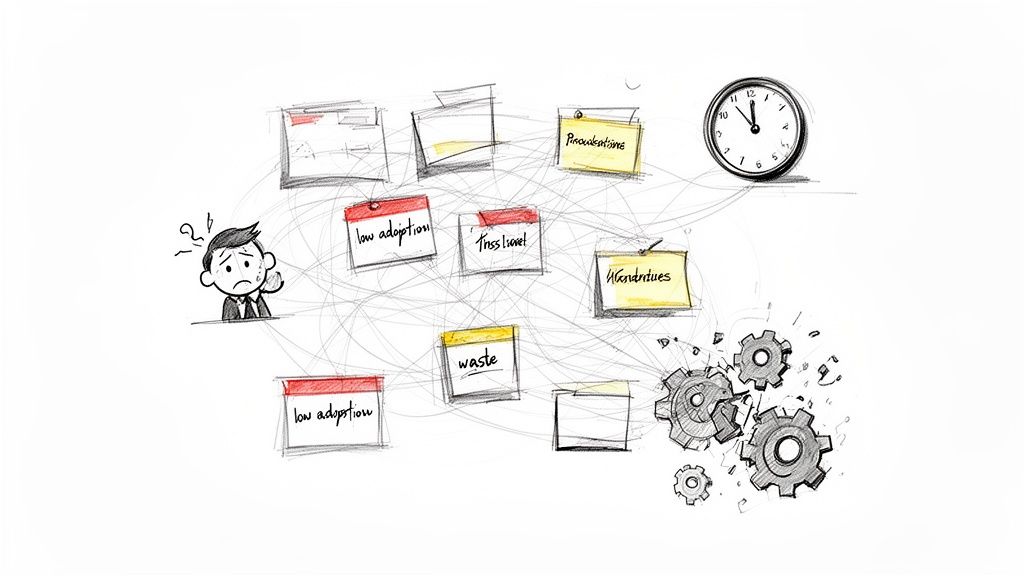 Stressed businessman overwhelmed by numerous problem sticky notes, a ticking clock, and broken gears.