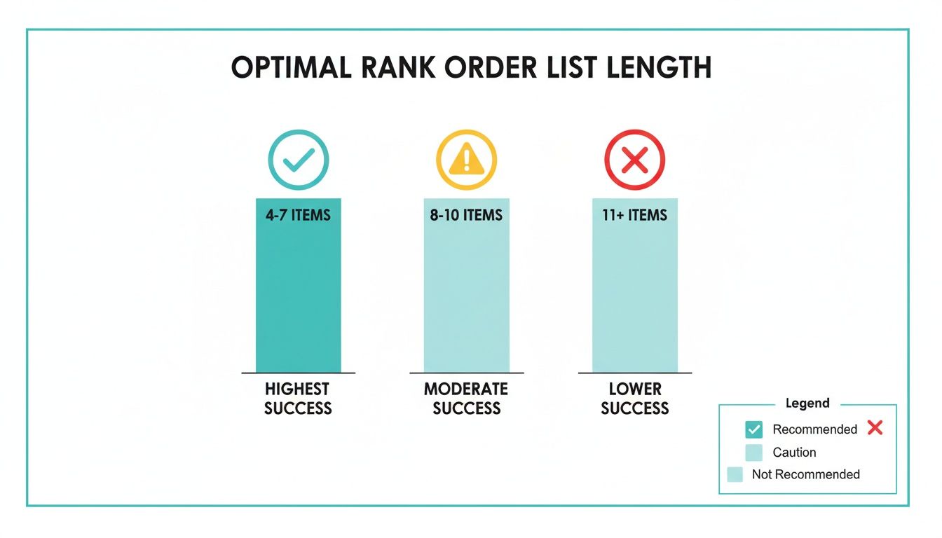 Chart on optimal rank order list length for survey questions: 4-7 items for highest success.