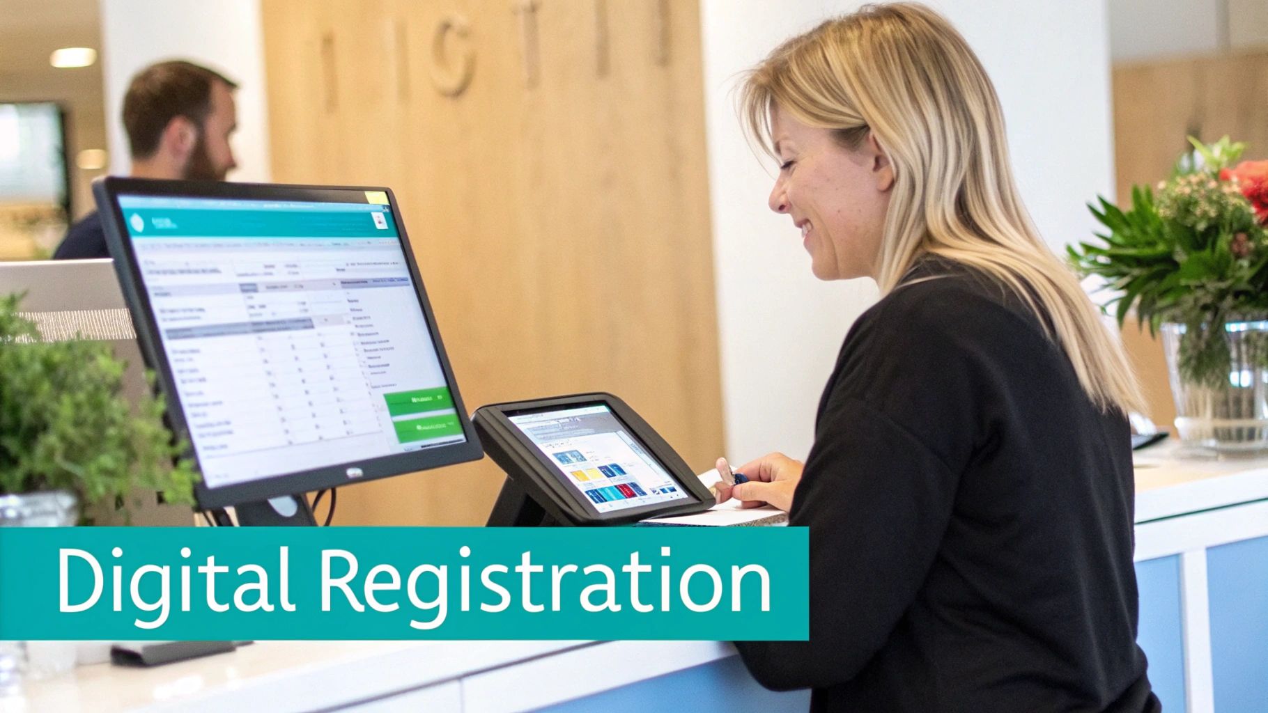 A smiling woman completes digital registration on a tablet at a modern reception desk.
