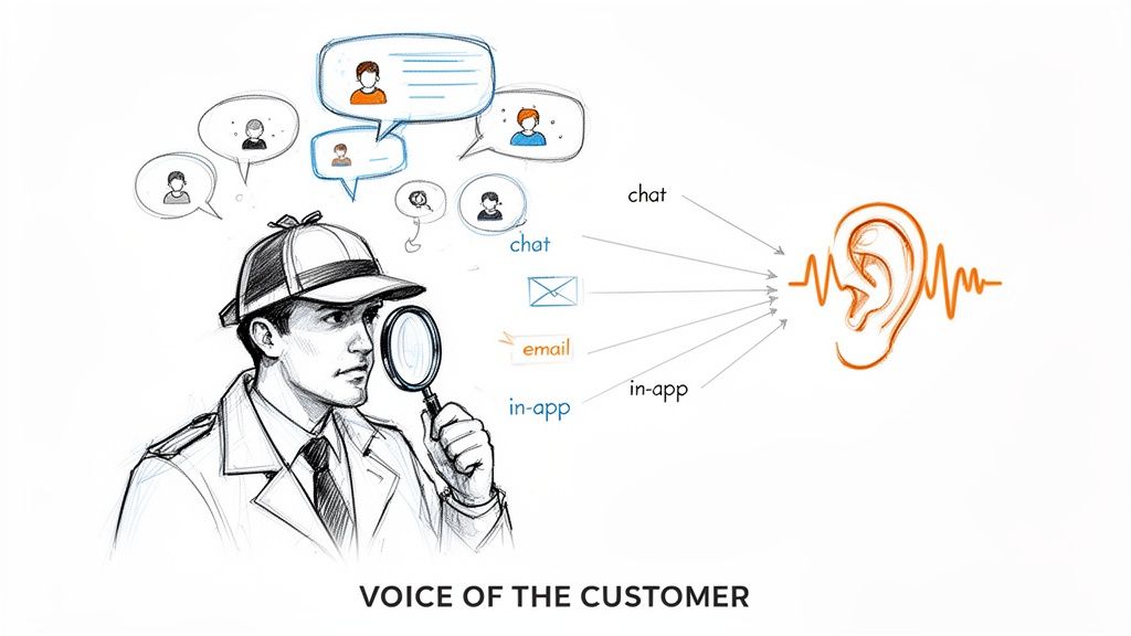 A detective examines customer feedback from chat, email, and in-app channels, representing the Voice of the Customer.