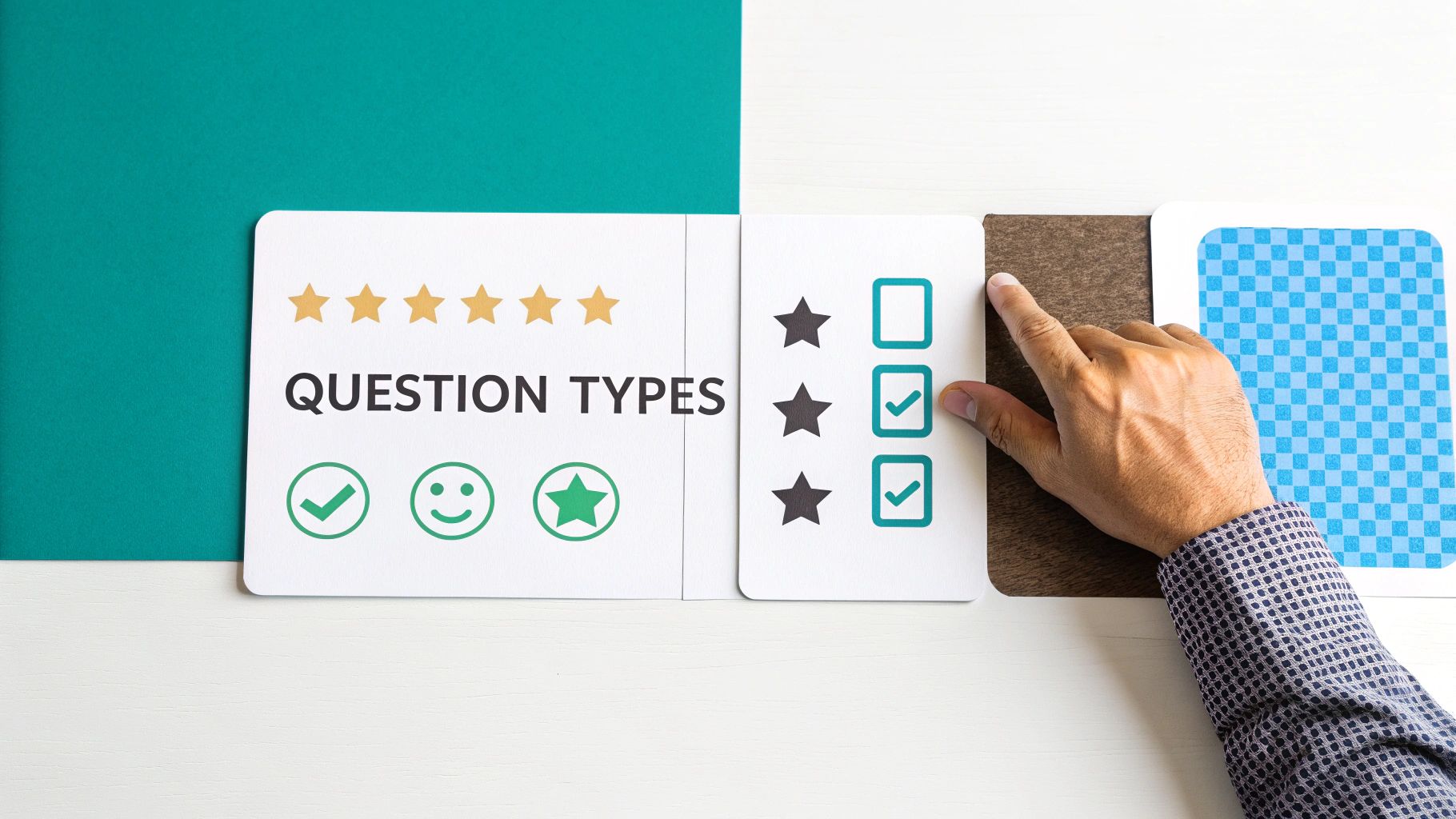 A hand interacts with cards displaying different survey question types, including stars, checkboxes, and emojis.