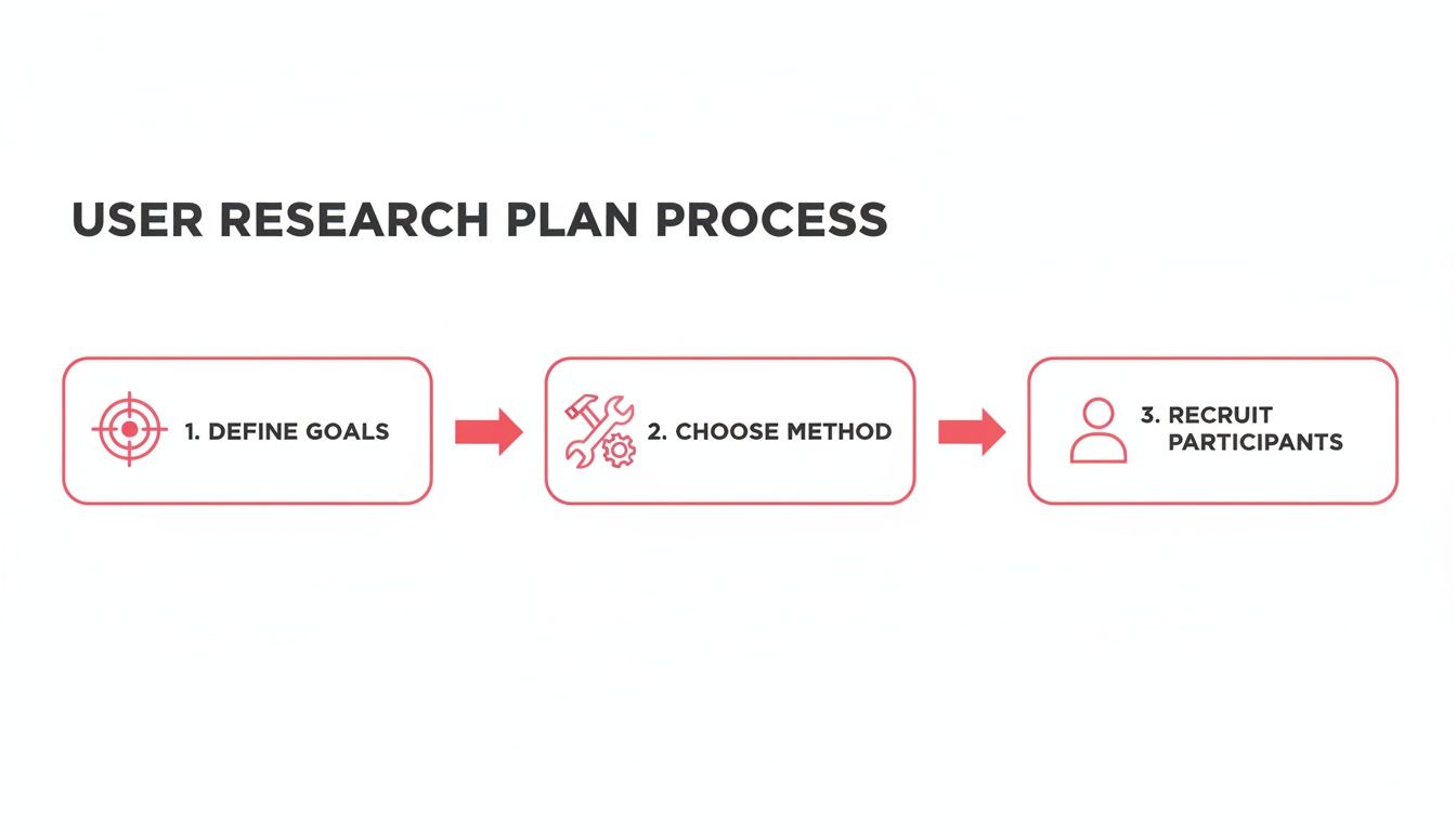 Flowchart illustrating the three-step user research plan process: define goals, choose method, and recruit participants.