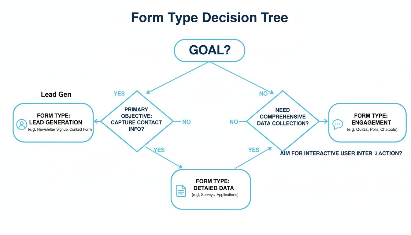 A form type decision tree guiding users to choose between lead generation, detailed data, or engagement forms.