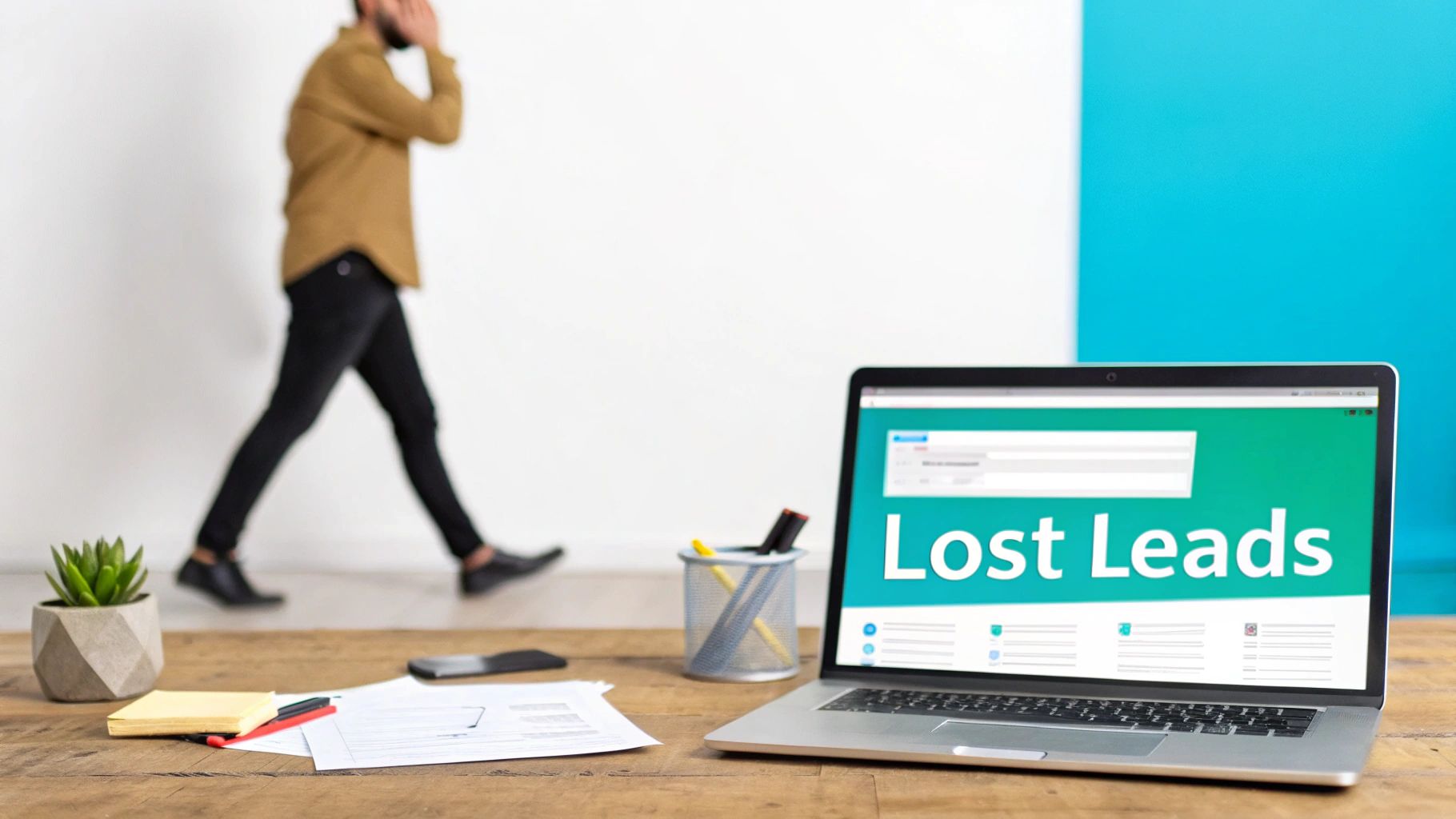A blurred man walks past a desk with a laptop displaying 'Lost Leads' and office supplies.