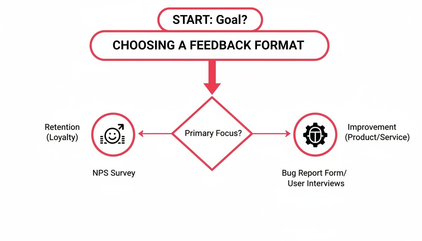Flowchart illustrating how to choose customer feedback formats based on primary focus.