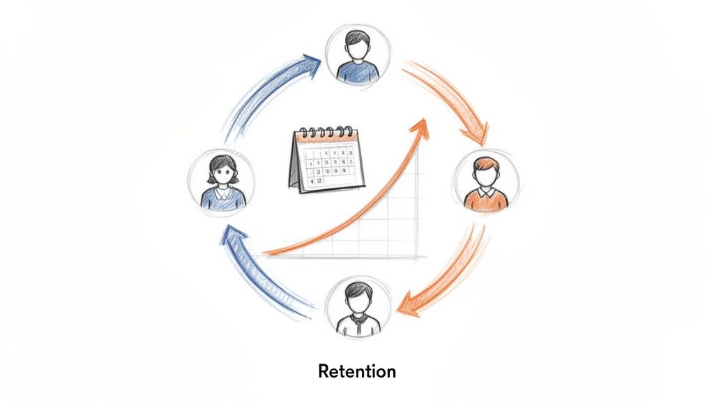 A diagram illustrating a retention cycle with diverse users, a calendar, and an upward trending graph.
