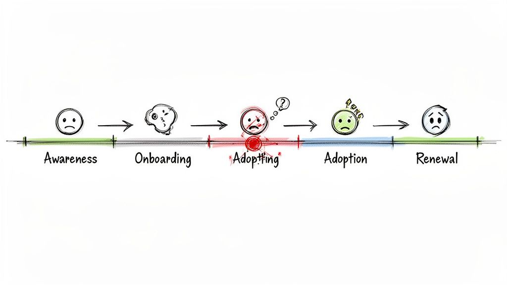 A hand-drawn timeline illustrating five stages of a customer journey, with 'Adopting' highlighted in red showing frustration.