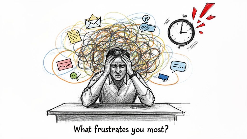 An illustration of a stressed person at a desk, overwhelmed by work tasks, emails, and time pressure.