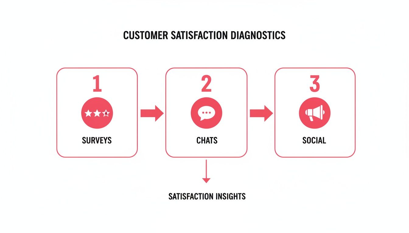 Flowchart showing customer satisfaction diagnostics via surveys, chats, and social media leading to insights.