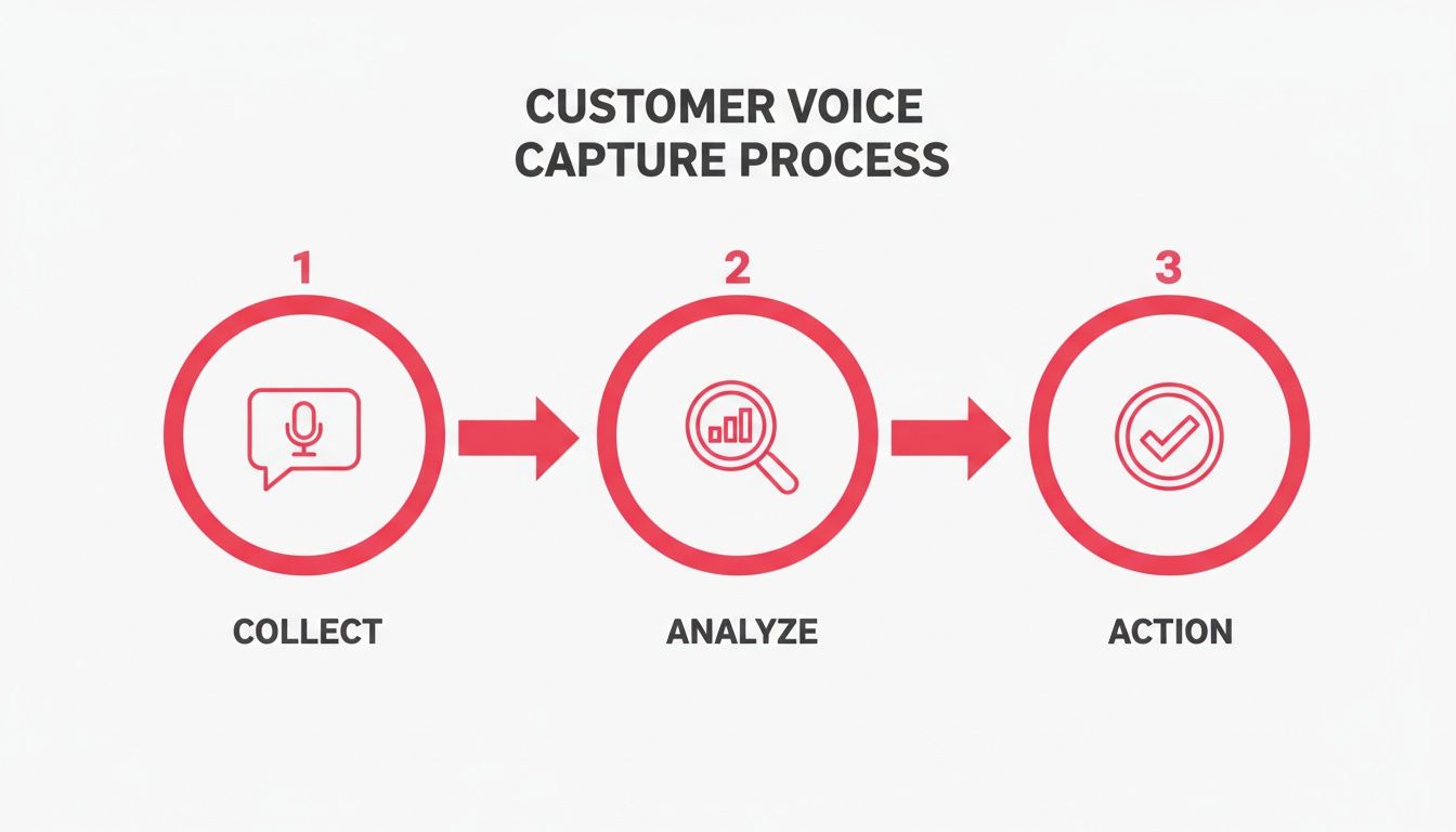 A three-step customer voice capture process flow with icons for collect, analyze, and action.