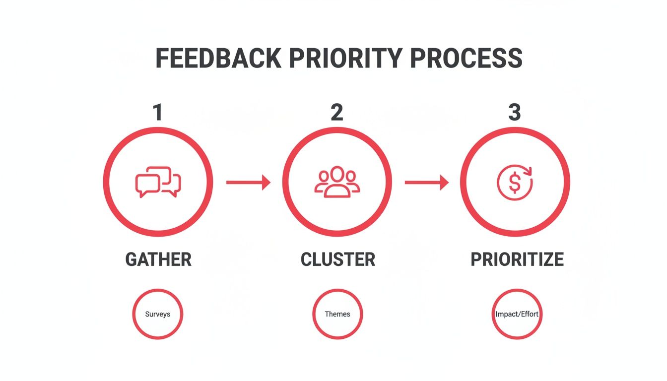 A three-step feedback priority process showing gathering, clustering, and prioritizing feedback with related details.