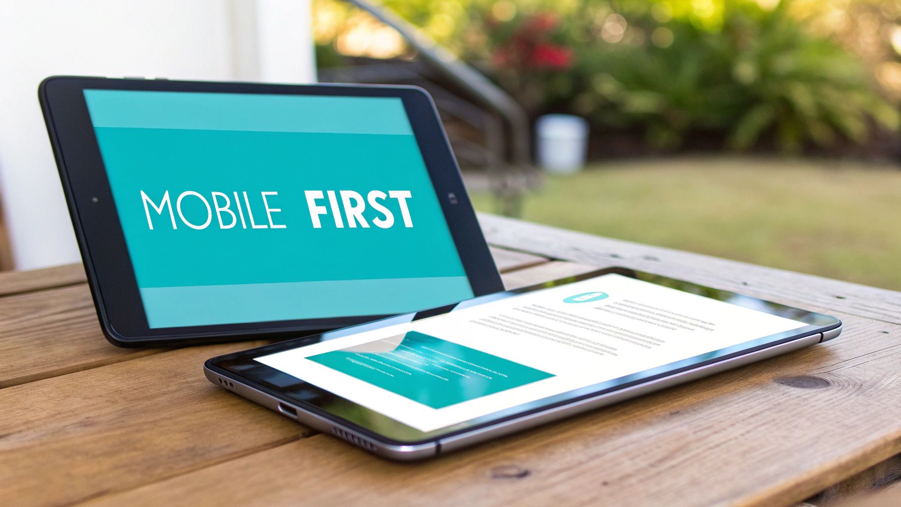 Two tablets on a wooden table, one displaying 'MOBILE FIRST' and the other a webpage layout, emphasizing mobile-first design.