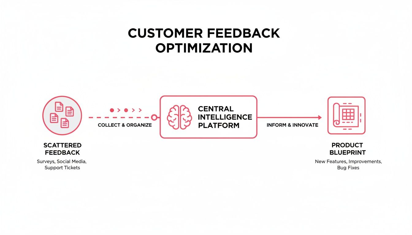 Diagram illustrating customer feedback optimization from scattered sources to product improvements using a central platform.