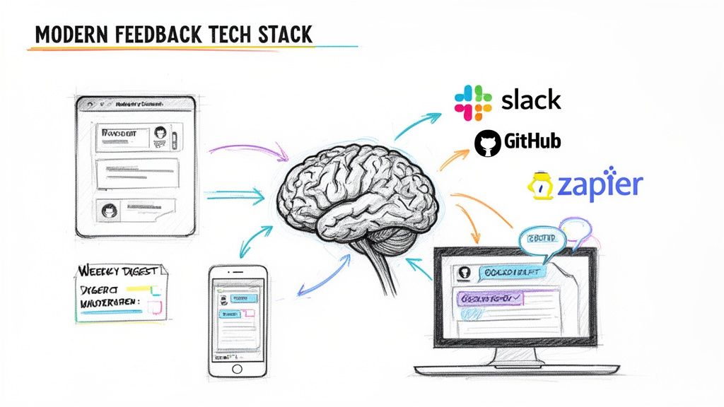 Diagram illustrating a modern feedback tech stack, showing a central brain connected to devices and integration tools like Slack, GitHub, and Zapier.