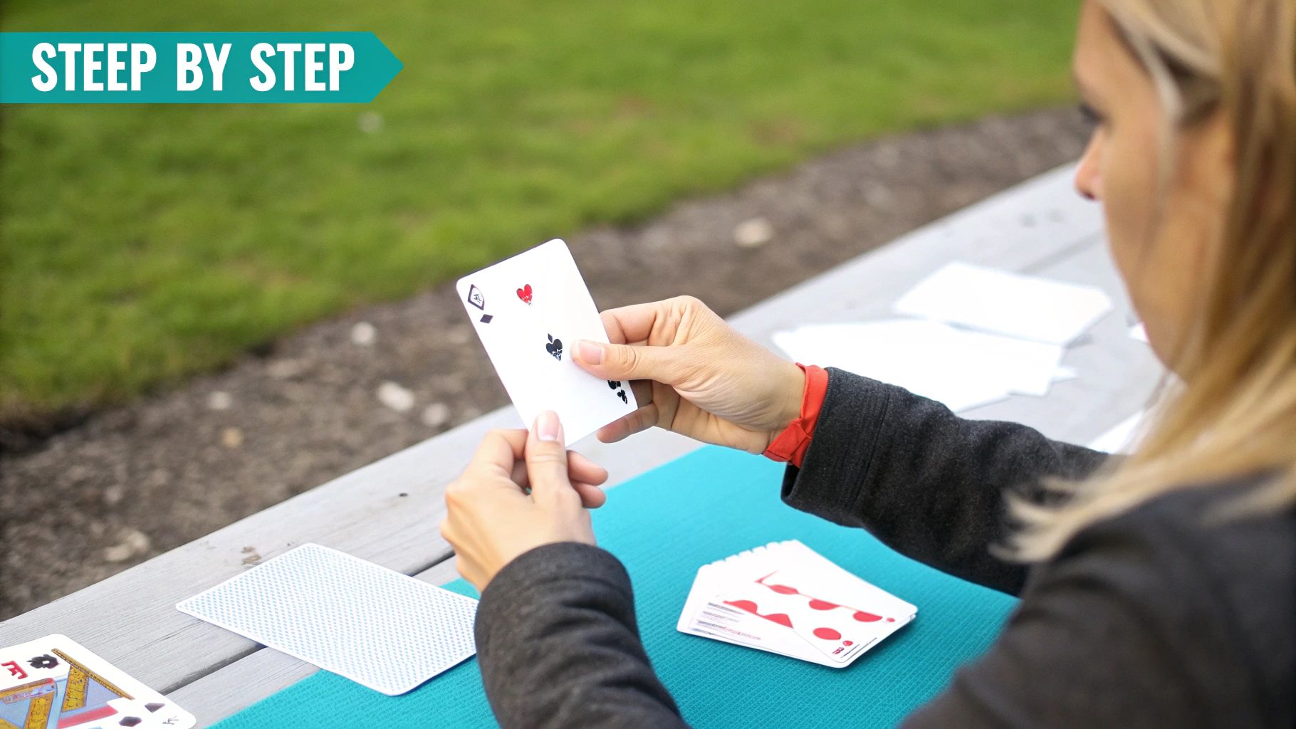 A person holds a two of spades playing card outdoors on a wooden table with a blue mat.