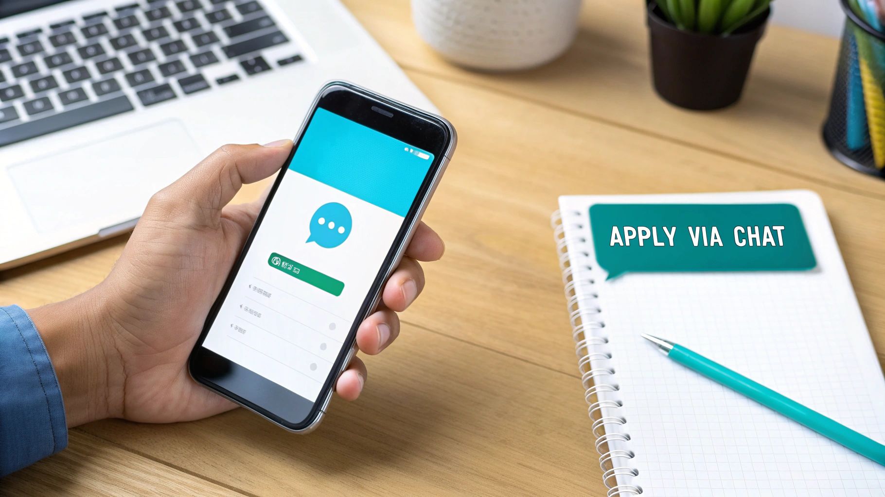 A person holds a phone displaying a chat application, with a notebook stating 'APPLY VIA CHAT'.