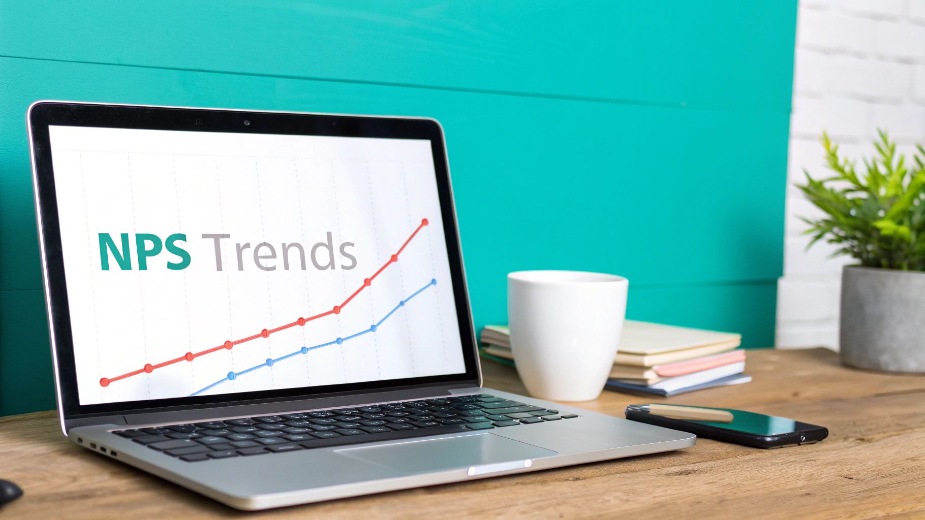 A laptop showing an 'NPS Trends' graph with increasing lines, on a wooden desk with office items.