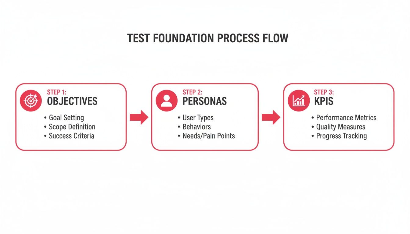 A process flow diagram illustrating objectives, personas, and KPIs for test foundation.