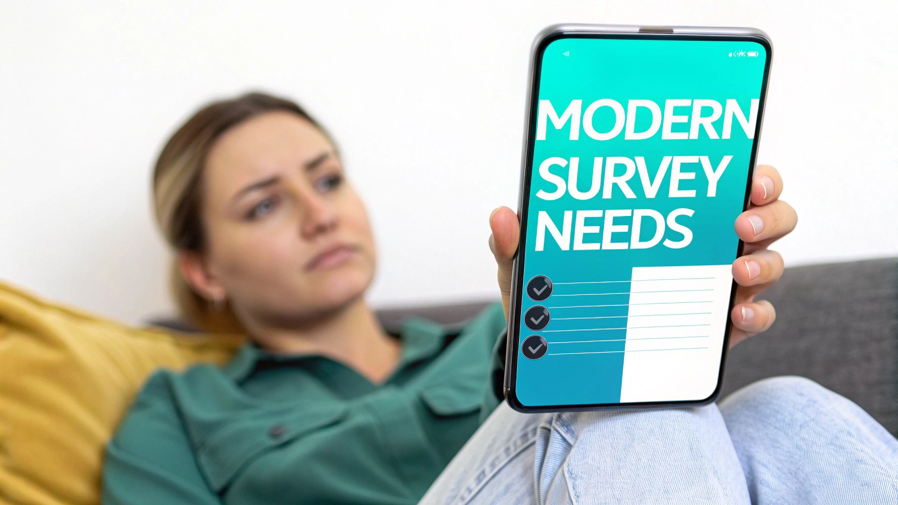 A woman holds a smartphone displaying 'MODERN SURVEY NEEDS' and checkboxes, looking thoughtful.