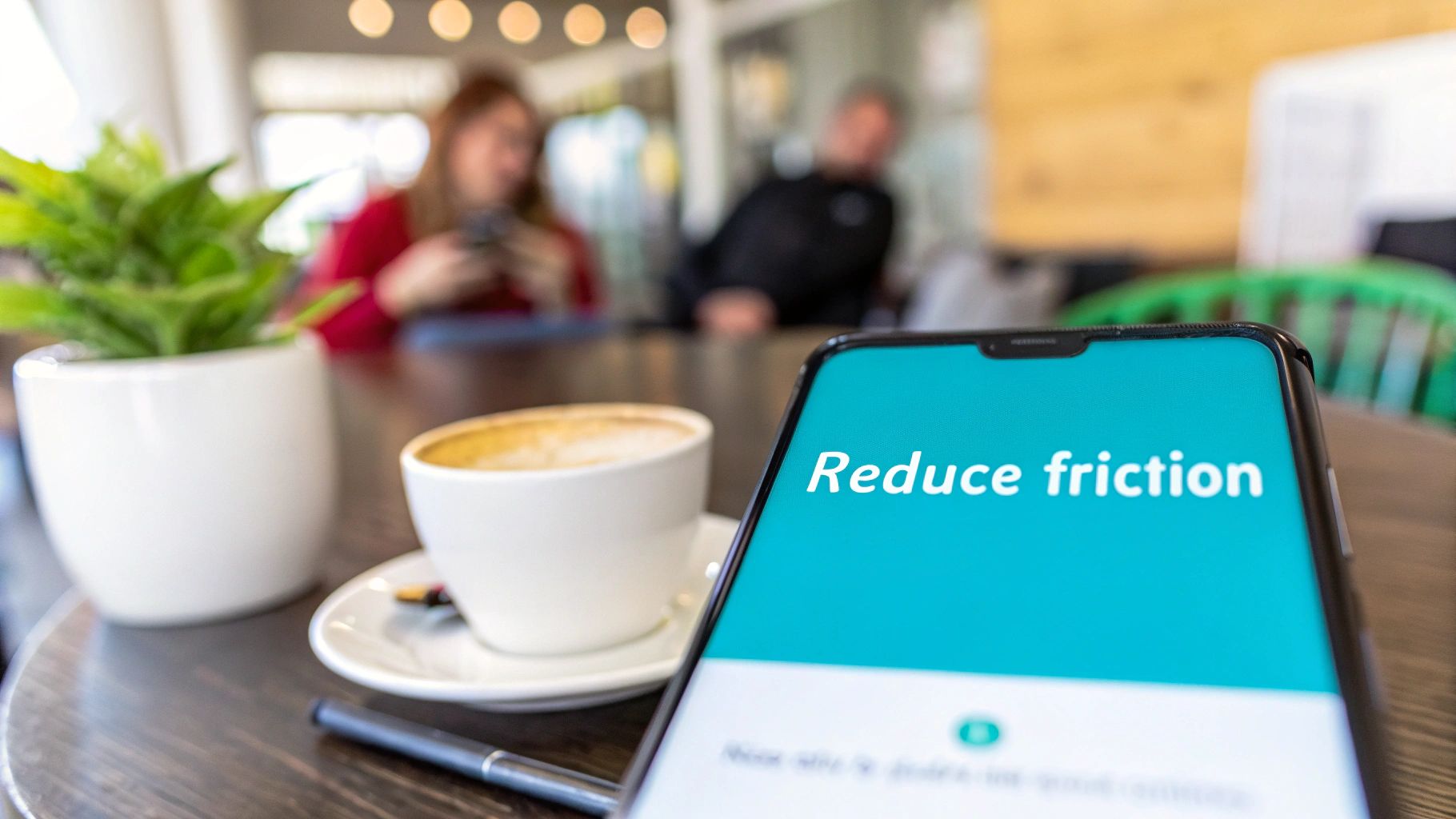 A smartphone screen displaying 'Reduce friction' on a teal background, next to a coffee cup and plant.