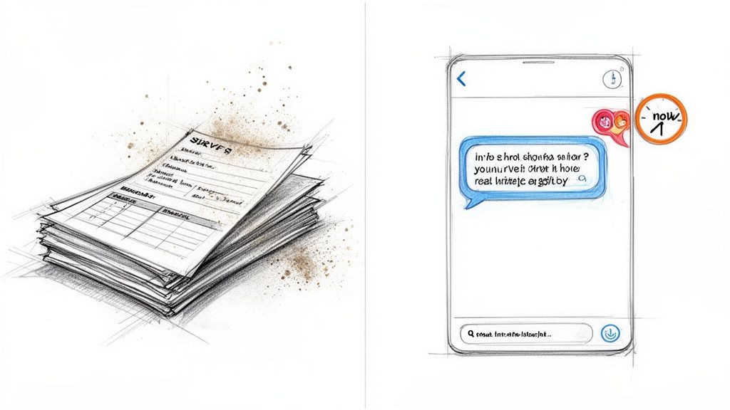 Hand-drawn sketch contrasting paper surveys with a mobile phone showing an instant chat message and a 'now' clock.